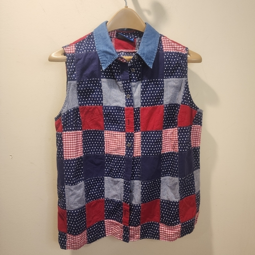 Karen Scott Patchwork denim cotton stars sleeveless button Down top size L